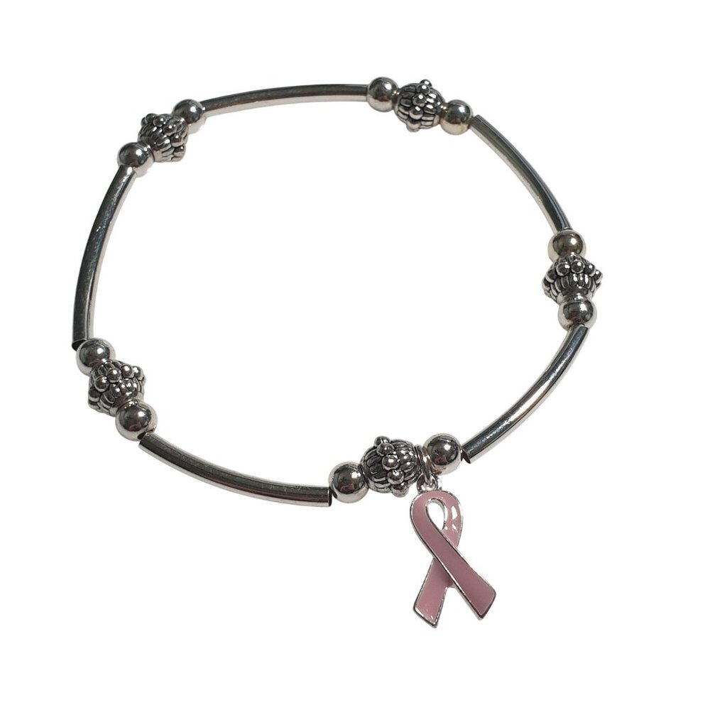 Pink Ribbon Awareness Charm Bracelet Silver Bead Women Stretch Design Jewelry